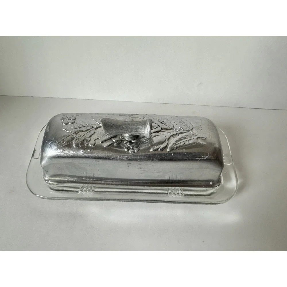 Vintage 1940's Hammered Aluminum Butter Dish W/ Glass Insert Floral Motifs MCM